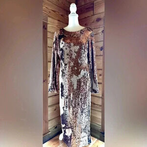 NWOT Dress the Population Bronze Sequin Midi Long Sleeve Low Back Dress size 10